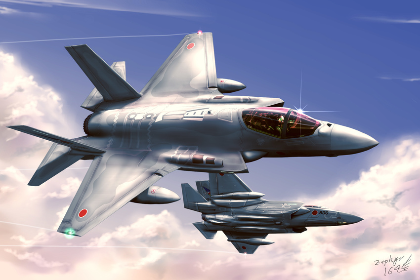 aircraft airplane artist_name blue_sky cloud condensation_trail dated f-35_lightning_ii fighter_jet flying highres japan japan_air_self-defense_force japan_self-defense_force jet military military_vehicle original pilot signature sky zephyr164