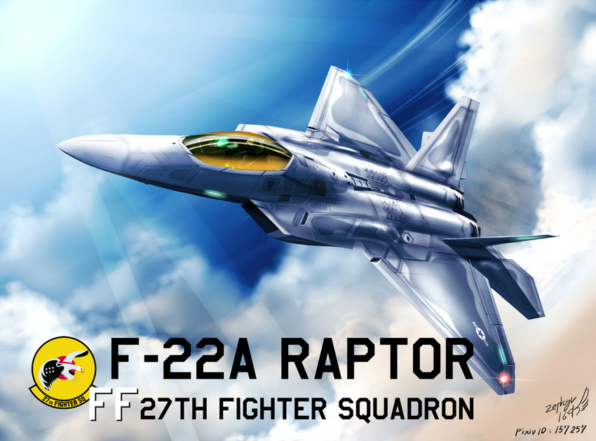 airplane america artist_name blue_sky cloud dated emblem epic f-22_raptor fighter_jet flying jet military military_vehicle no_humans original pilot signature sky star text_focus zephyr164