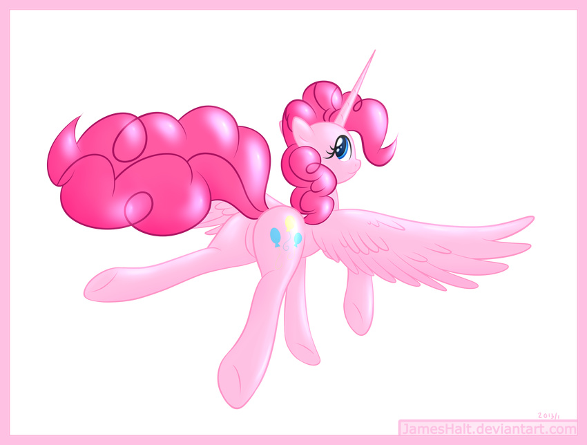 absurd_res alpha_channel blue_eyes border butt cutie_mark english_text equine female feral flying friendship_is_magic hair hi_res horn horse jameshalt looking_at_viewer looking_back mammal my_little_pony pink_body pink_hair pinkie_pie_(mlp) plain_background pony smile solo super_res text transparent_background unicorn winged_unicorn wings