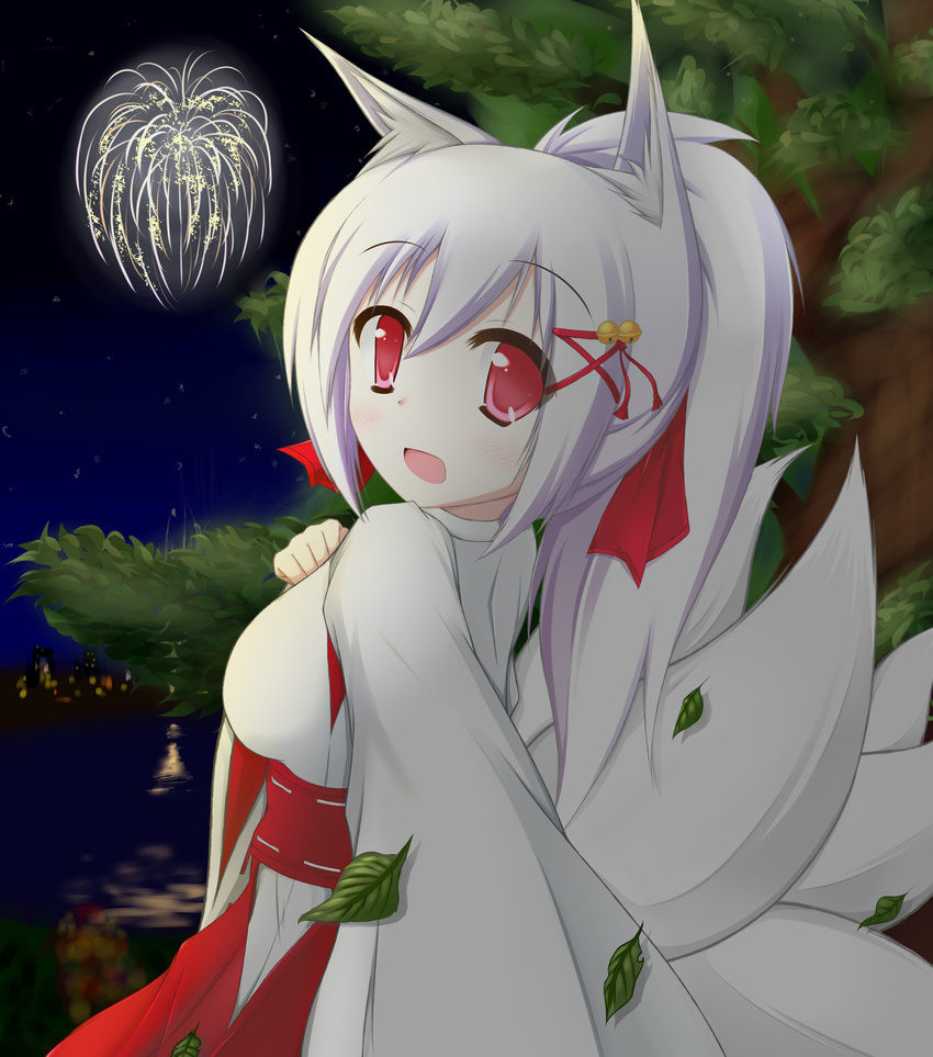 absurdres animal_ears fireworks fox_ears fox_tail highres japanese_clothes kazamatsuri_kazari long_hair looking_at_viewer miko mizuki_(kogetsu-tei) multiple_tails open_mouth original red_eyes solo tail white_hair