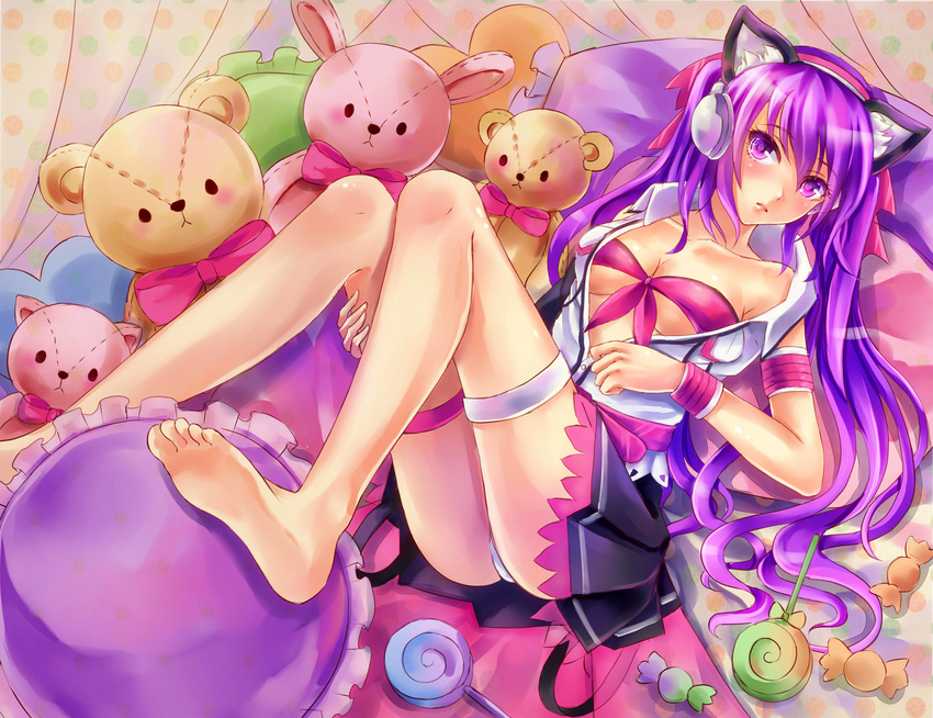 bunny_ears bunnygirl candy headphones panties purple_eyes purple_hair skirt tandolcedeco teddy_bear underwear