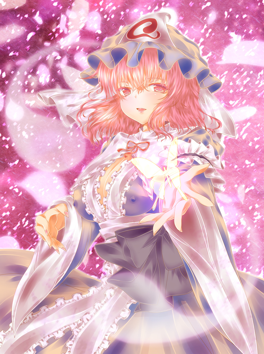 bad_id bad_pixiv_id breasts bug butterfly cleavage covered_nipples geru_(alpha_discotica) hat highres hitodama insect japanese_clothes large_breasts nail_polish obi open_mouth petals pink_eyes pink_hair ribbon saigyouji_yuyuko sash short_hair smile solo touhou triangular_headpiece wide_sleeves