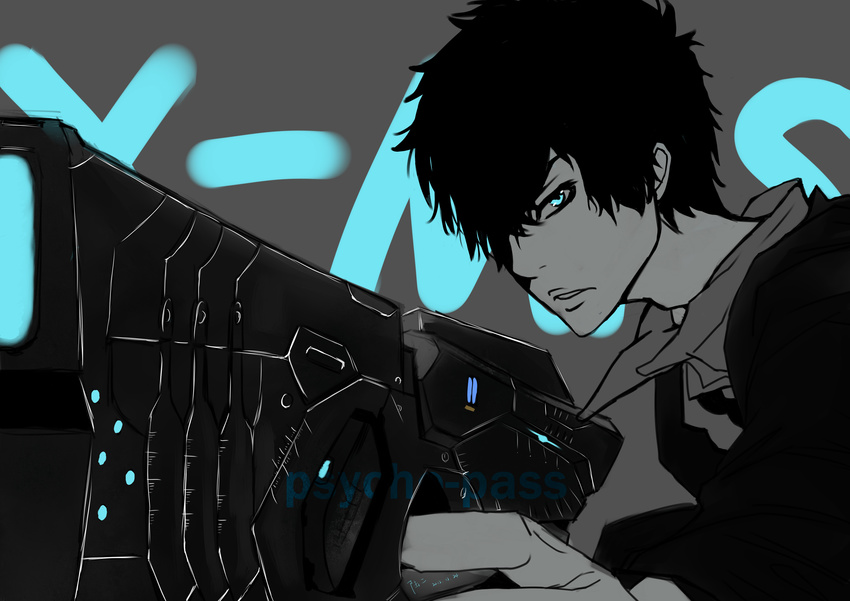 aqua_eyes black_hair gun kougami_shinya psycho-pass weapon