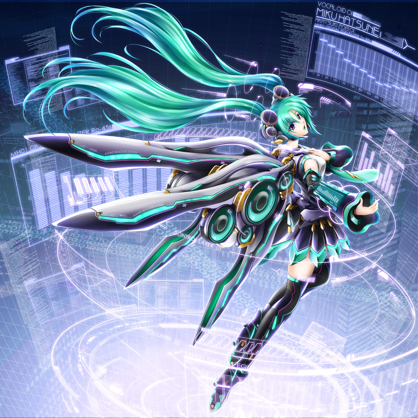 2013 akatsuki_akane bar_graph binary boots character_name detached_sleeves floating_hair green_hair hand_on_own_chest hatsune_miku headphones highres holographic_interface long_hair mechanical_wings necktie outstretched_arm purple_eyes skirt solo speaker thigh_boots thighhighs twintails very_long_hair vocaloid wings