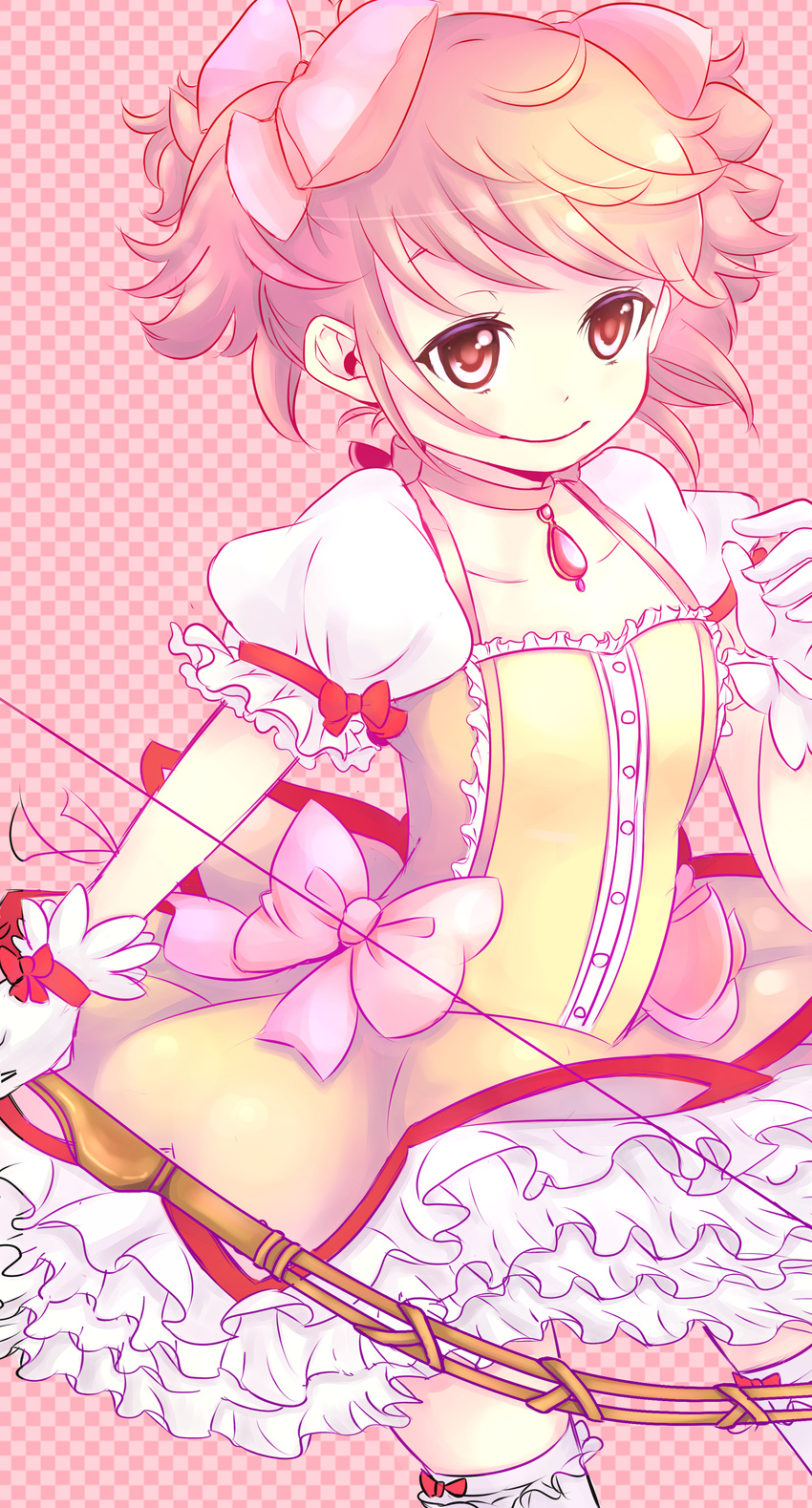 absurdres alice_(nh2) bow_(weapon) checkered checkered_background colorized flat_chest highres kaname_madoka mahou_shoujo_madoka_magica pink_eyes pink_hair short_hair smile solo weapon