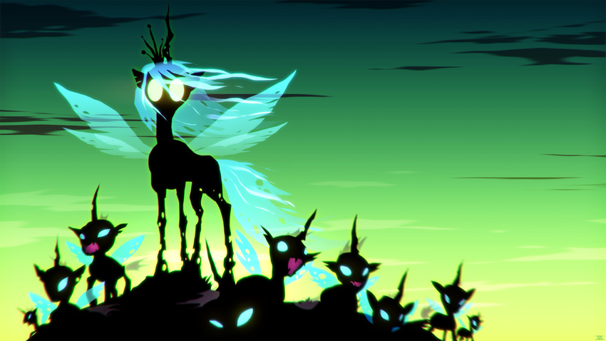 ambiguous_gender changeling cmaggot cyan_eyes cyan_hair equine fangs feral friendship_is_magic glowing group hair horn looking_at_viewer mammal my_little_pony queen queen_chrysalis queen_chrysalis_(mlp) royalty sky sunset wings