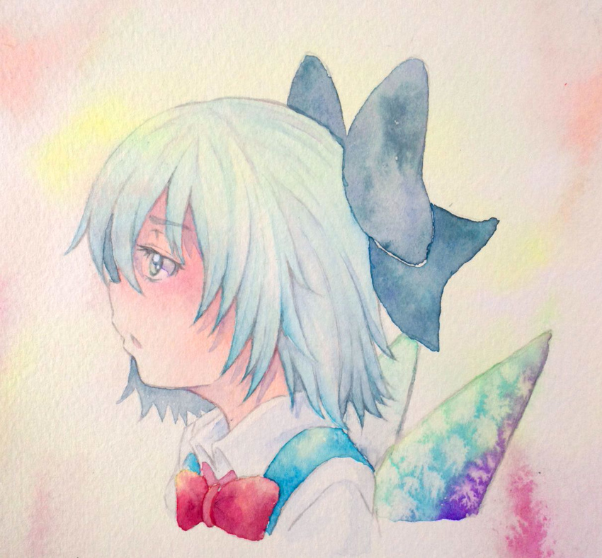 blue_eyes blue_hair bow cirno hair_bow ice ice_wings solo touhou traditional_media watercolor_(medium) wings yuyu_(00365676)