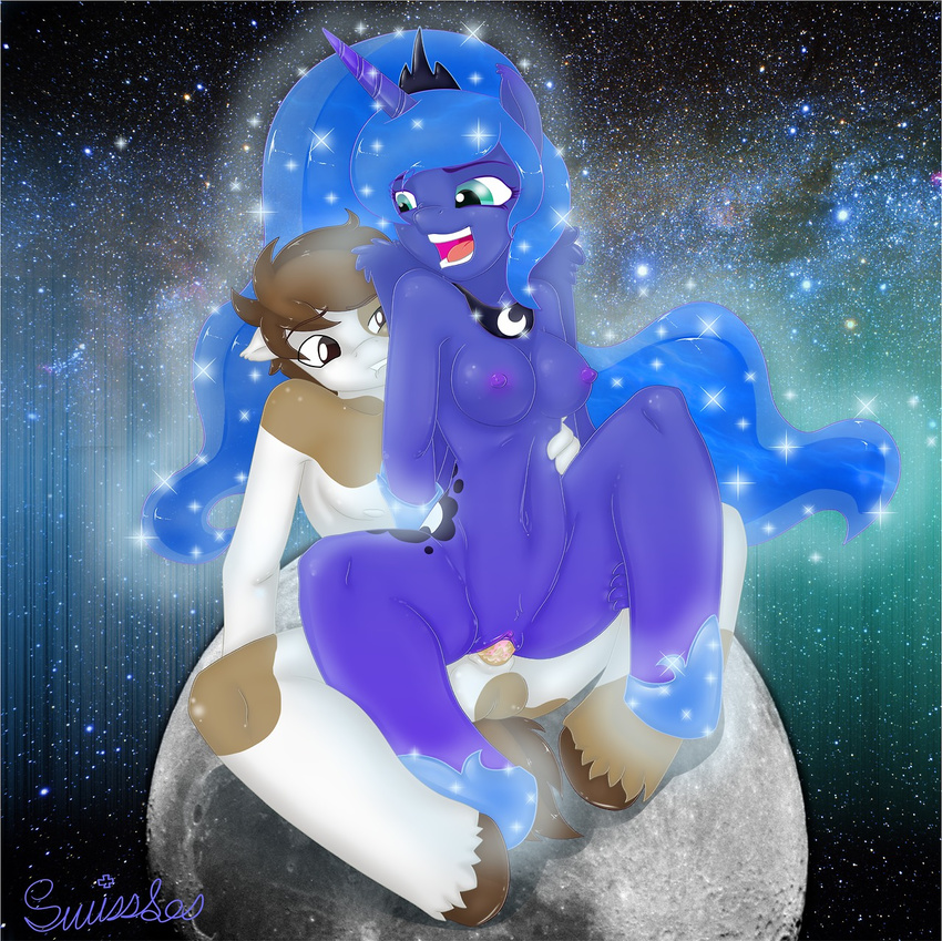 anthro anthrofied blue_eyes blue_hair breasts brown_eyes brown_hair crown english_text equine female friendship_is_magic hair horn horse male mammal moon my_little_pony on_top penetration penis pip_squeek_(mlp) pipsqueak_(mlp) pony princess_luna_(mlp) pussy reverse_cowgirl_position sex signature sitting space star stars straight swissleos text vaginal vaginal_penetration