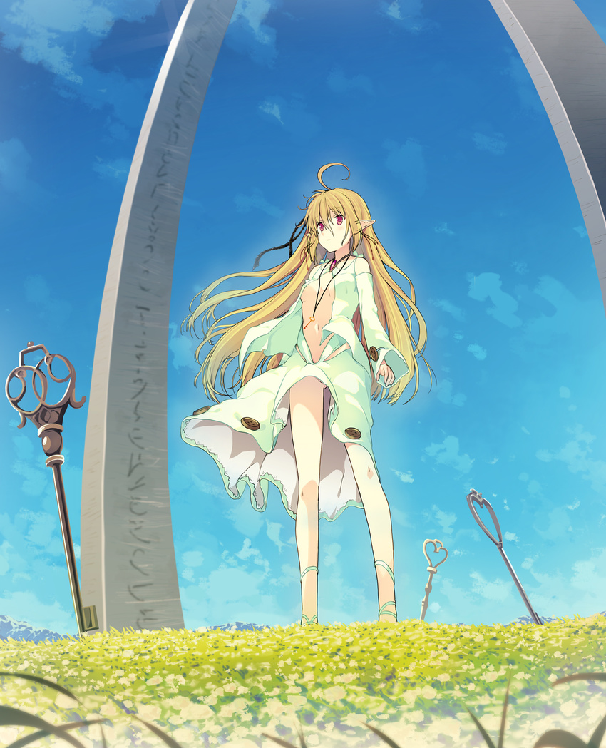ahoge arch ass_visible_through_thighs bare_shoulders blonde_hair bottomless breasts center_opening cloud day dress grass highres itsui_(dihydrogenmonoxid) jewelry key legs long_hair long_legs medium_breasts navel necklace no_bra no_panties original oversized_object pointy_ears sky solo