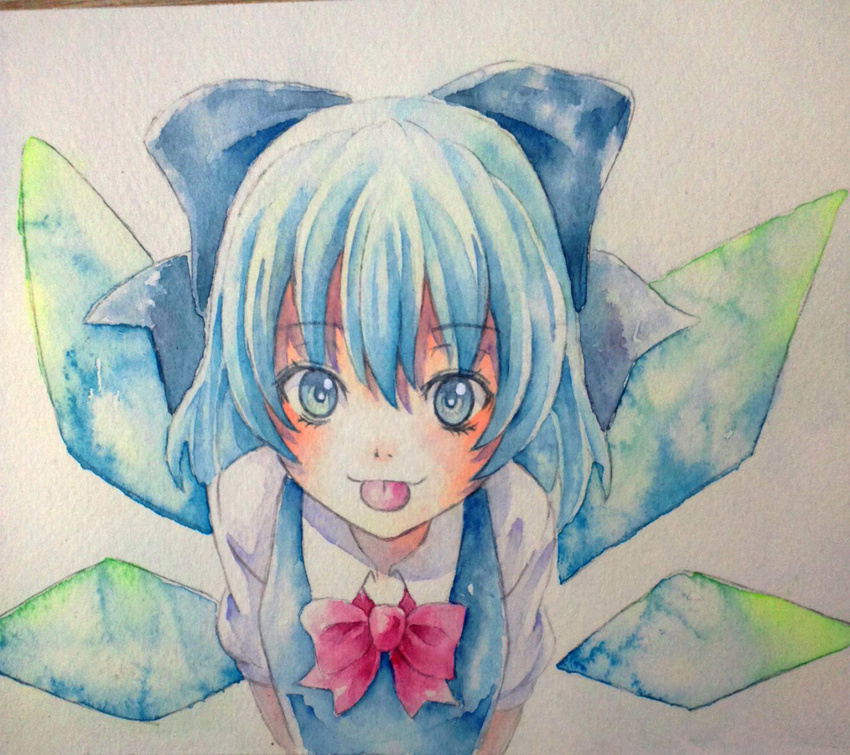 :p blue_eyes blue_hair bow cirno hair_bow highres ice ice_wings solo tongue tongue_out touhou traditional_media watercolor_(medium) wings yuyu_(00365676)