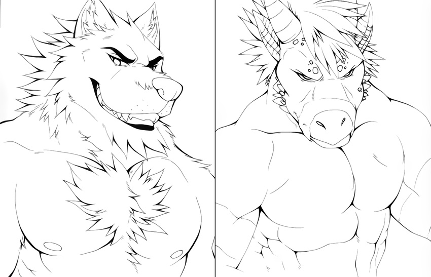 aluminemsiren biceps black_and_white canine chest_tuft clenched_teeth clothed clothing dragon fur grin half-dressed horn line_art looking_at_viewer male mammal monochrome muscles nipples pecs plain_background portrait portraitabs sketch teeth topless tuft white_background wolf