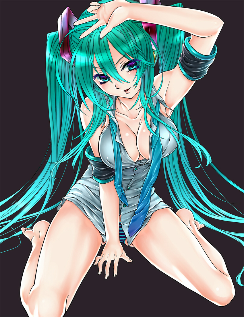 arm_support arm_up armband bad_id bad_pixiv_id black_background breasts covered_nipples green_hair hatsune_miku highres long_hair medium_breasts necktie no_pants panties sasaki_shou sitting solo striped striped_panties twintails underwear very_long_hair vocaloid wariza