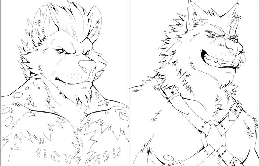black_and_white canine chest_tuft clenched_teeth ear_piercing fangs frown fur grin hair hyena line_art male mammal monochrome muscles nipples pecs piercing plain_background sketch smile spots teeth tuft white_background wolf
