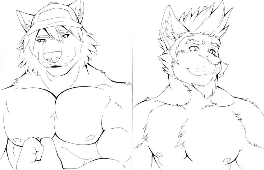 aluminemsiren beard biceps black_and_white facial_hair flexing fur hair hat line_art looking_at_viewer male monochrome muscles nipples pecs plain_background portrait sketch smile white_background