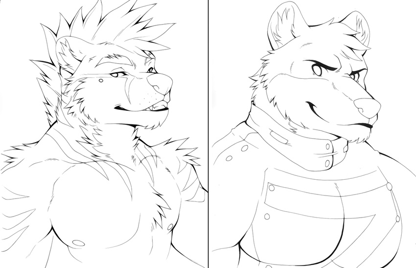 bear biceps black_and_white canine clenched_teeth clothed clothing fur grin hair half-dressed line_art male mammal monochrome muscles nipples pecs plain_background portrait sketch smile stripes teeth topless white_background wolf