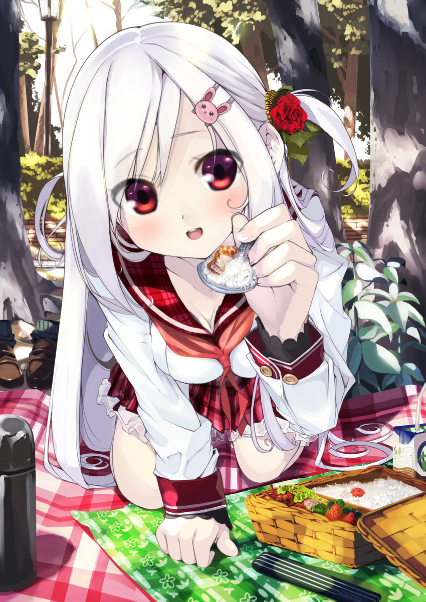 absurdres arm_support bad_id bad_pixiv_id basket blush breasts bunny cleavage feeding fingernails flower food fruit furukawa_itsuse hair_flower hair_ornament hairpin hands highres juice_box kneeling medium_breasts original picnic picnic_basket pov_feeding red_eyes rice salad school_uniform serafuku shoes skirt smile solo strawberry thermos tree twintails white_hair