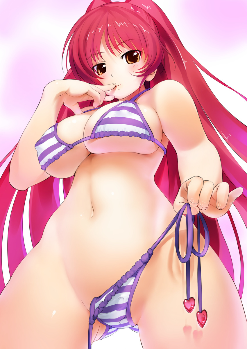 absurdres bikini breasts crotch finger_to_mouth from_below highres imaoka kousaka_tamaki large_breasts long_hair looking_at_viewer naughty_face navel red_hair side-tie_bikini simple_background solo striped striped_bikini swimsuit to_heart_2 underboob untied untied_bikini yellow_eyes