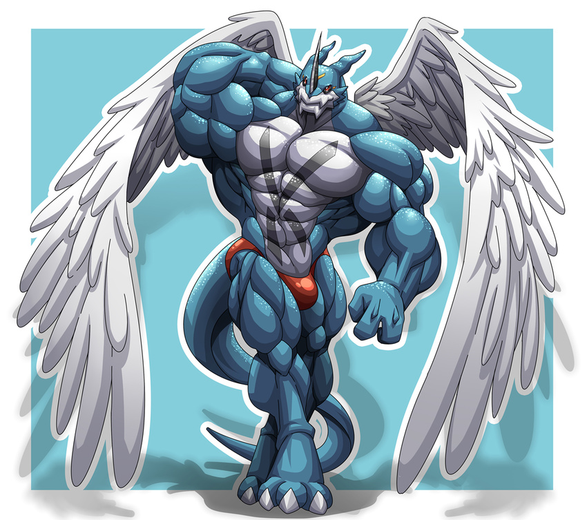 abs anthro biceps blue_scales blue_skin bulge claws clothed clothing digimon exveemon flexing fur grey_skin half-dressed horn male muscles pecs pose red_dyes red_eyes scales solo speedo standing swimsuit toe_claws topless white_skin wings xbuimonsama