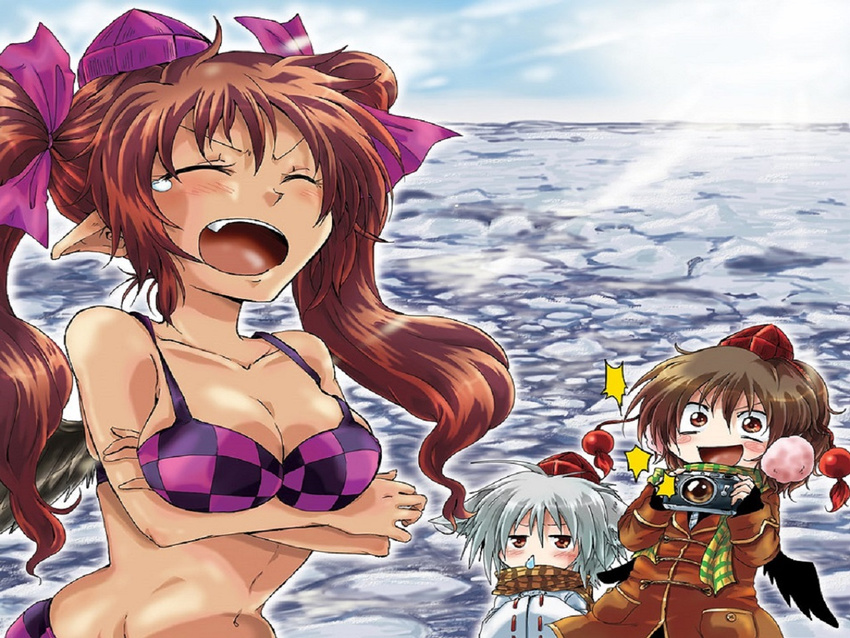 :d animal_ears bikini bikini_top bird_wings blush breasts brown_hair camera checkered checkered_bikini cleavage closed_eyes coat collarbone crossed_arms day hat himekaidou_hatate ice iceberg inubashiri_momiji long_hair midriff multiple_girls open_mouth pointy_ears red_eyes resizing_artifacts scarf shameimaru_aya sky smile swimsuit tan tears tokin_hat touhou twintails unya white_hair wings wolf_ears