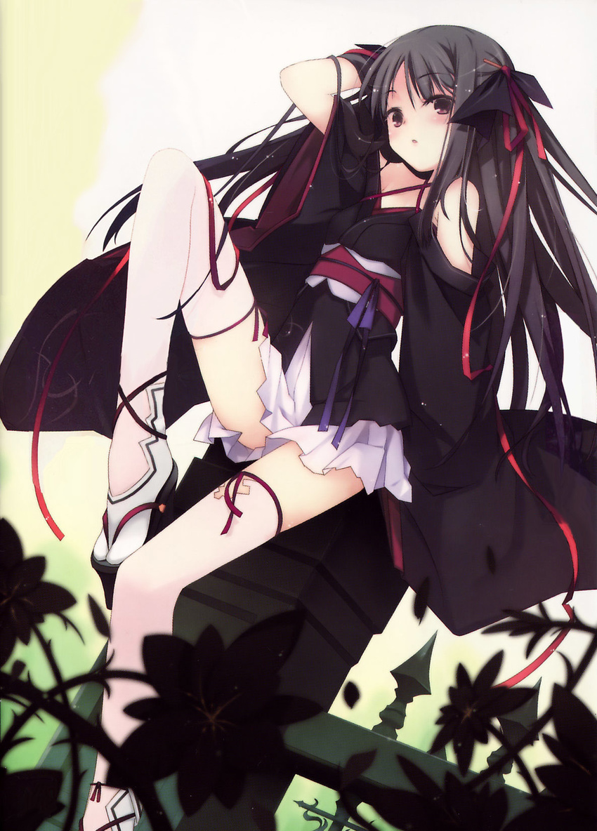arm_up black_hair cover cover_page detexted fence flower highres japanese_clothes kimono legs machine-doll_wa_kizutsukanai off_shoulder red_eyes ribbon ruroo sitting solo thighhighs third-party_edit white_legwear yaya_(machine-doll)