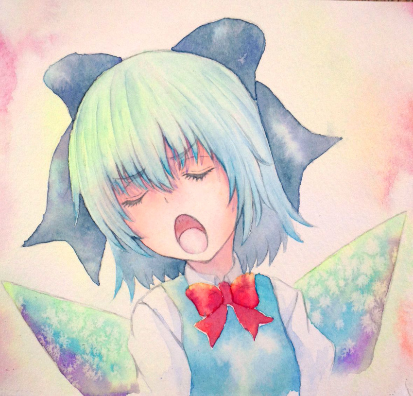 blue_eyes blue_hair bow cirno closed_eyes hair_bow ice ice_wings open_mouth solo touhou traditional_media watercolor_(medium) wings yuyu_(00365676)