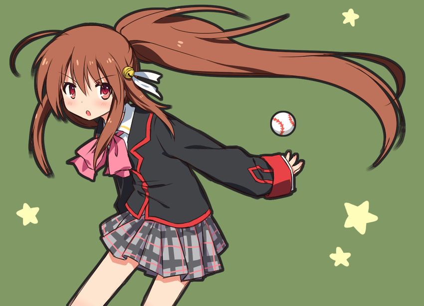 ahoge baseball bell blush bow green_background hair_ornament jiang-ge little_busters! long_hair long_sleeves natsume_rin open_mouth pink_bow plaid plaid_skirt ponytail red_eyes school_uniform simple_background skirt solo star