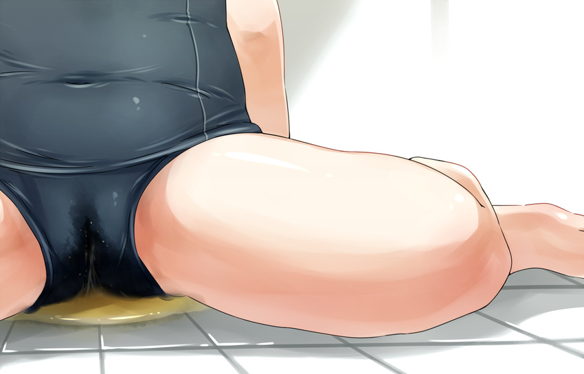 close-up commentary_request head_out_of_frame highres navel one-piece_swimsuit original pee peeing peeing_self school_swimsuit sitting solo swimsuit wachiwo wariza