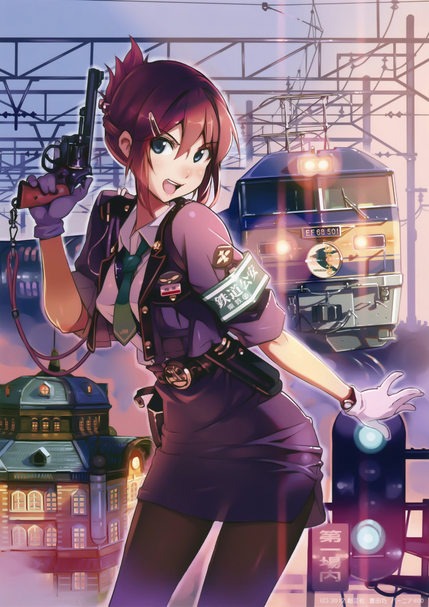 absurdres armband black_legwear blue_eyes breasts brown_hair folded_ponytail gloves ground_vehicle gun hair_ornament hair_up hairclip handgun highres holster lanyard locomotive looking_at_viewer medium_breasts miniskirt necktie official_art open_mouth overhead_line pantyhose pencil_skirt police police_uniform policewoman rail_wars! railroad_crossing railroad_tracks railway_police revision revolver sakurai_aoi scan short_hair skirt sleeves_rolled_up train trigger_discipline uniform vania600 weapon