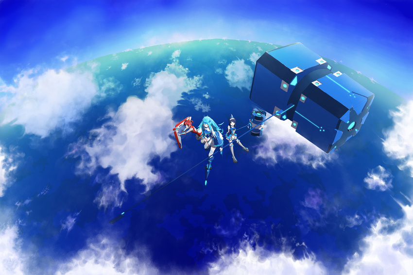 blue blue_eyes blue_hair brown_eyes brown_hair cloud futaba_aoi_(vividred_operation) gauntlets ginsyu greaves hammer headgear highres horizon isshiki_akane long_hair multiple_girls ocean vividblue vividred_operation water