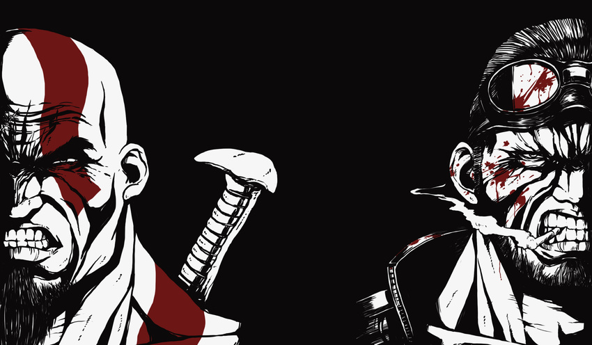 bad_id bad_pixiv_id bald black_background blood bodypaint cigarette clenched_teeth god_of_war goggles high_contrast highres jack_cayman kratos madworld male_focus multiple_boys myuutau_tadakichi open_mouth portrait simple_background spot_color teeth