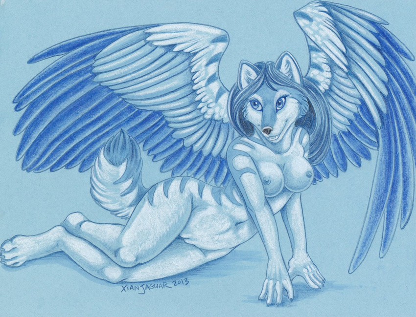 anthro blue_eyes blue_hair blue_theme breasts canine claws digitigrade female hair hindpaw mammal nipples nude paws pinup plain_background pose pussy solo tala_(suntattoowolf) toes wings wolf xianjaguar