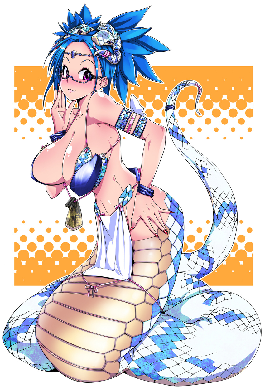 armlet blue_hair bracelet breasts circlet glasses hair_ornament highres jewelry lamia large_breasts luceva monster_girl original purple_eyes short_hair solo twintails