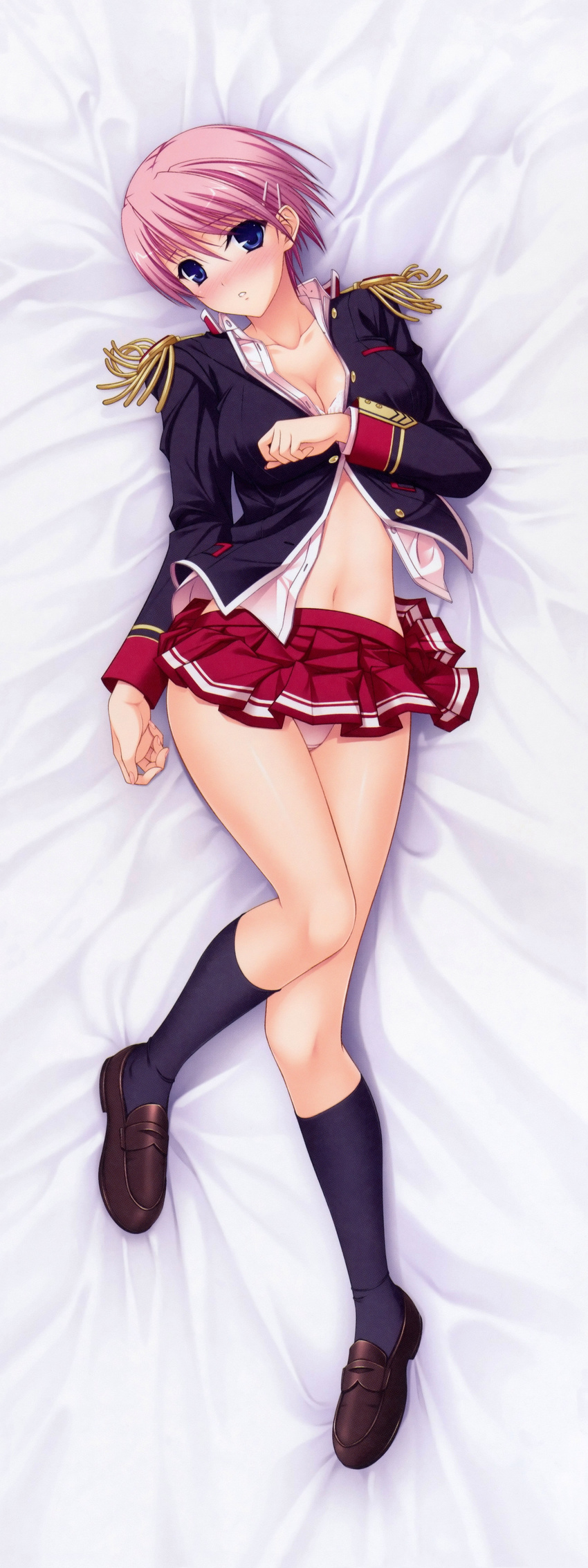 :o absurdres bed bed_sheet blue_eyes blush breasts cleavage dakimakura dress_shirt epaulettes from_above full-face_blush full_body hair_ornament hairclip highres kisaki_mio kneehighs komori_kei legs loafers looking_at_viewer lying medium_breasts navel navy_blue_legwear on_back on_bed on_stomach panties pink_hair pink_panties scan school_uniform shiny shiny_skin shirt shoes short_hair skirt socks solo underwear uniform walkure_romanze