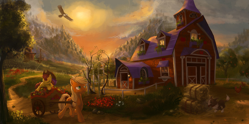 applejack_(mlp) blonde_hair canine cart cowboy_hat cub cutie_mark detailed_background devinian dog duo equine female feral friendship_is_magic green_eyes hair hat horse house mammal my_little_pony outside pony red_hair sibling sisters sky sun sunset sweet_apple_acres tree winona_(mlp) young