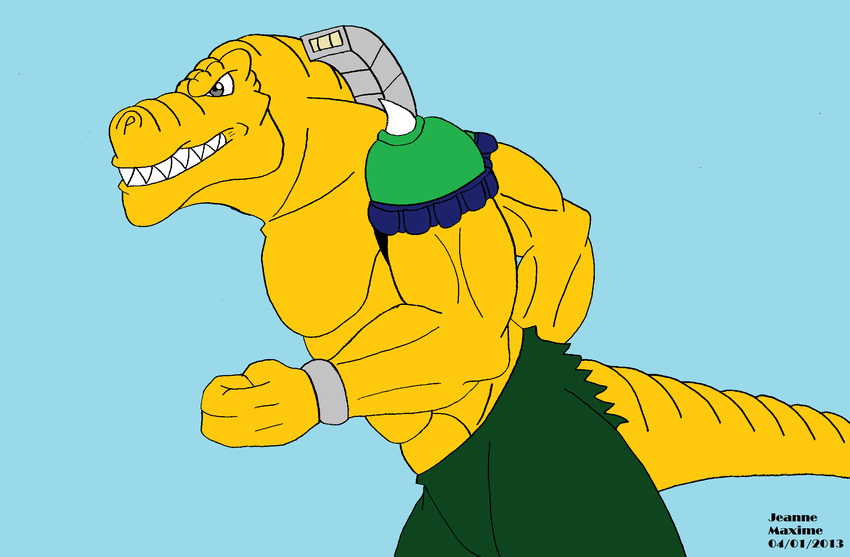 abs anthro armor biceps bracelet clothed clothing dinosaur extreme_dinosaurs fangs grey_eyes half-dressed jewelry male maxime-jeanne muscles pants pecs pose reptile scales scalie solo t-bone_(extreme_dinosaurs) theropod topless tyrannosaurus_rex yellow_skin