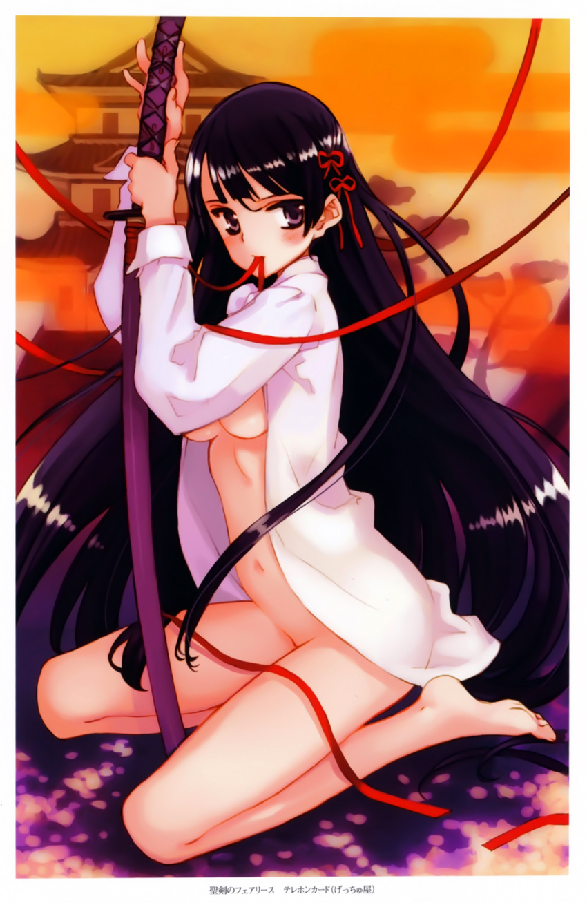 absurdres bare_legs barefoot black_hair breasts hair_ribbon highres katana kuzumi_chizuru legs long_hair long_legs medium_breasts mouth_hold naked_shirt navel ooyari_ashito open_clothes open_shirt purple_eyes ribbon scan seiken_no_faeries shirt sitting solo sword thighs underboob very_long_hair weapon yokozuwari