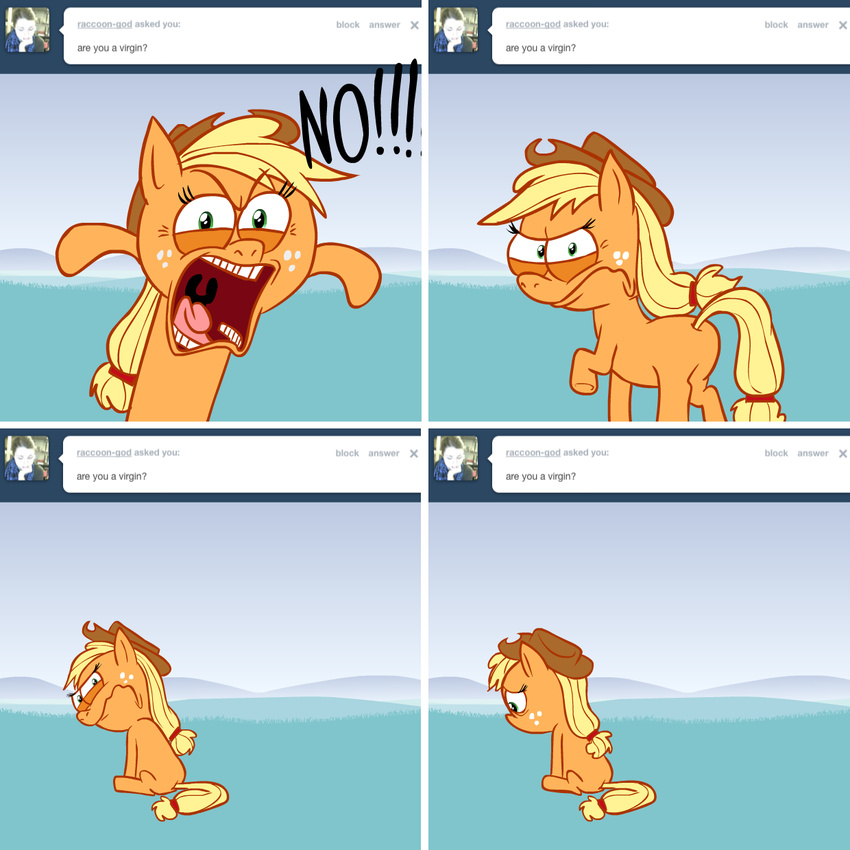 ask_jappleack blonde_hair english_text equine female feral friendship_is_magic green_eyes hair hat horse hotdiggedydemon mammal my_little_pony pony sad text tumblr virginity