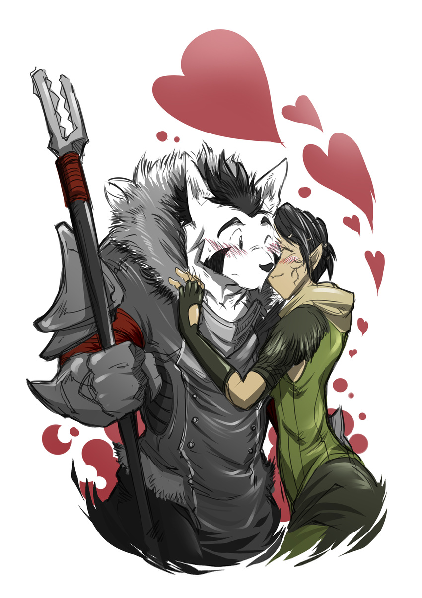 &lt;3 anthro black_hair blue_eyes blush canine clothing couple cuddling dog dragon_age dragon_age_2 elf female fur hair hawke(dragon_age_2) husky kokuhane langdon langdon_marston magic_user male mammal merrill plain_background pointy_ears polearm smile staff standing video_games weapon