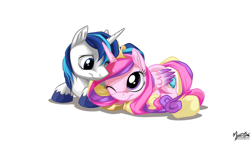 blue_eyes couple cutie_mark duo equine female feral friendship_is_magic fur hair hi_res horn horse male mammal multi-colored_hair my_little_pony mysticalpha one_eye_closed pink_fur plain_background pony princess_cadance_(mlp) purple_eyes shining_armor_(mlp) two_tone_hair unicorn white_background white_fur winged_unicorn wings