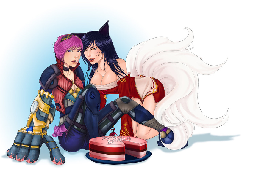 2girls ahri animal_ears black_hair breasts cake eren_(eeren) fox fox_ears happy_birthday league_of_legends licking mecha multiple_girls multiple_tails original pink_hair tail tongue vi yellow_eyes yuri