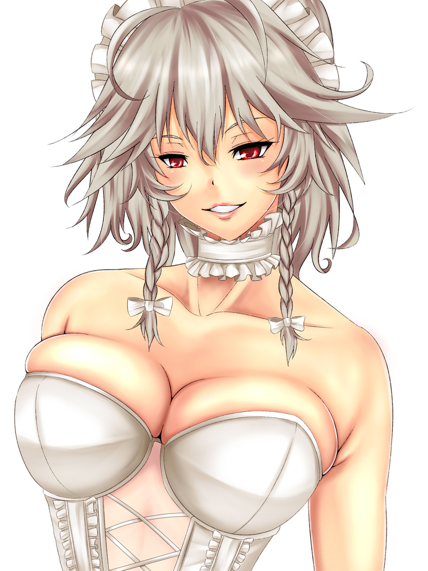 bare_shoulders braid breasts choker cleavage collarbone corset hair_ribbon highres izayoi_sakuya large_breasts lips maid_headdress parted_lips red_eyes ribbon ribbon_choker silver_hair smile solo touhou twin_braids undersized_clothes untsue upper_body