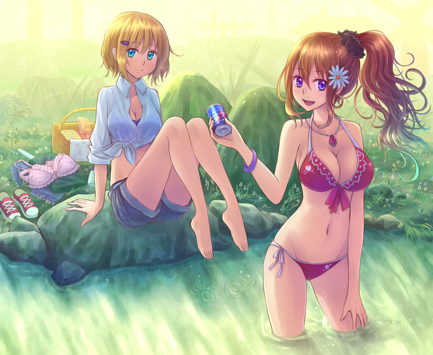 arm_support barefoot bikini blonde_hair blue_eyes bra bra_removed bracelet breasts brown_hair can cleavage flower front-tie_top hair_flower hair_ornament hairclip highres jewelry long_hair looking_at_viewer medium_breasts midriff mu_ying_rong multiple_girls navel necklace open_mouth original pendant picnic_basket purple_eyes shirt shoes shoes_removed shorts side-tie_bikini side_ponytail sitting sleeves_rolled_up smile sneakers soaking_feet soda_can suikakitsu_shiro swimsuit tied_shirt underwear wading water xia_you_qing