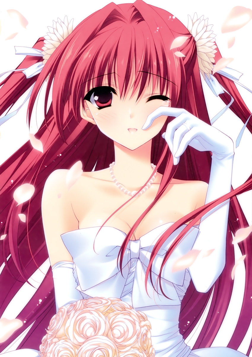 ;d absurdres bouquet breasts cleavage dress elbow_gloves flower gloves highres jewelry medium_breasts necklace one_eye_closed open_mouth pearl_necklace petals r_g_b red_eyes red_hair shiki_asahi smile suzuhira_hiro two_side_up wedding_dress