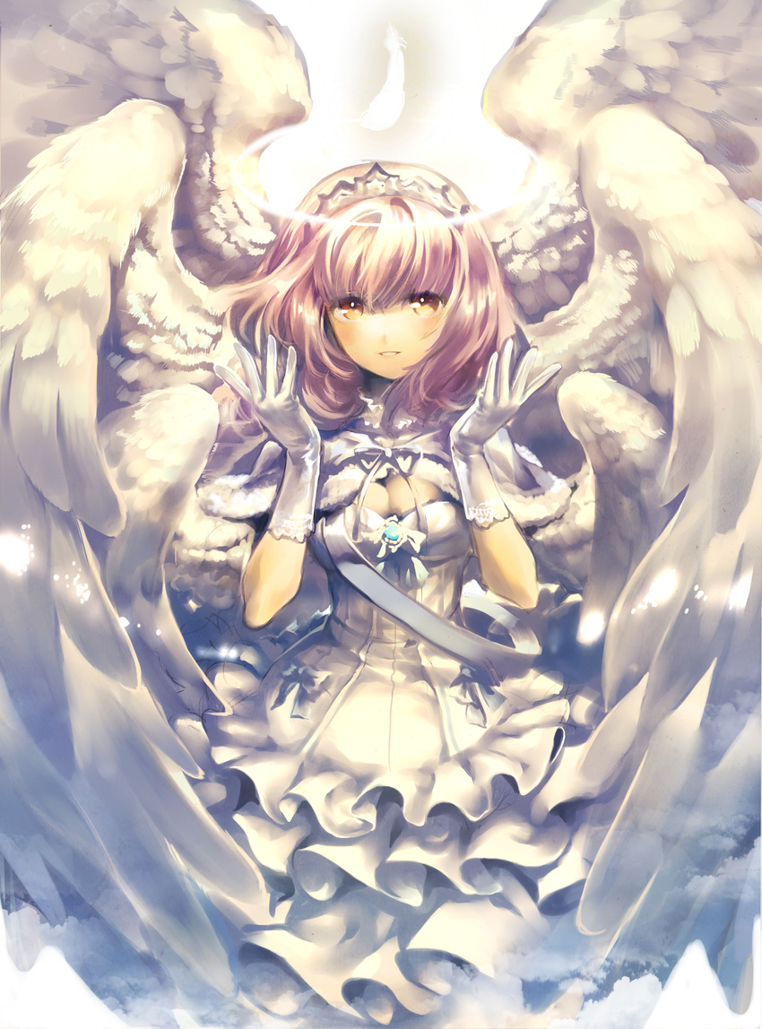 absurdres angel angel_wings bun-o dress feathers highres long_hair original pink_hair solo wings