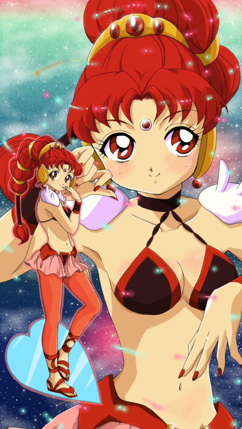 amazons_quartet bikini_top bindi bishoujo_senshi_sailor_moon dual_persona ear_covers fingernails highres long_hair midriff mikiky multi-tied_hair navel red_eyes red_hair red_legwear sandals skirt smile vesves_(sailor_moon)