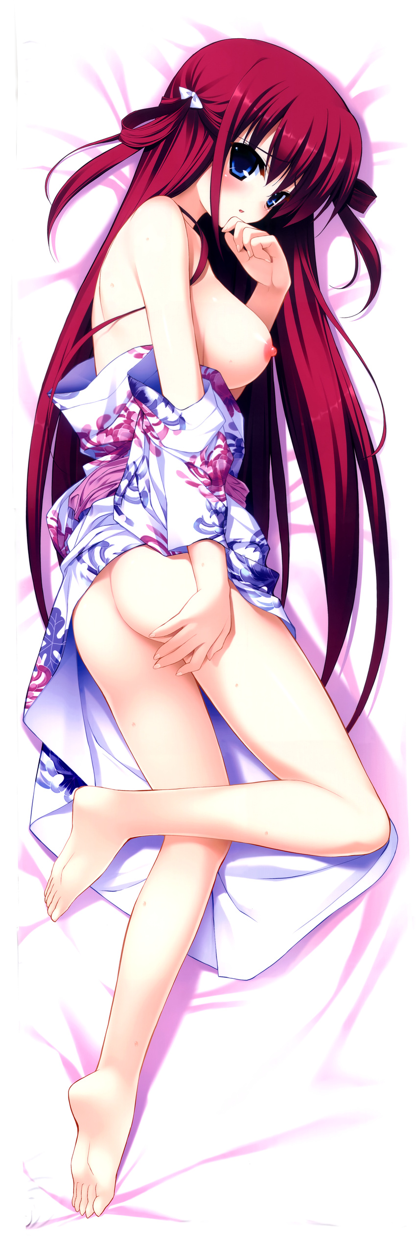 absurdres ass barefoot blue_eyes breasts dakimakura feet full_body fumio_(ura_fmo) grisaia_(series) grisaia_no_kajitsu highres huge_filesize japanese_clothes kimono large_breasts legs long_hair long_legs lying nipples no_bra no_panties on_side red_hair scan soles solo suou_amane