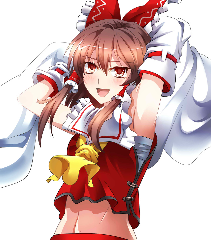 armpits arms_up ascot bad_id bad_pixiv_id bandages belly blush bow brown_eyes brown_hair detached_sleeves e.o. hair_bow hair_tubes hakurei_reimu highres open_mouth short_hair smile solo touhou