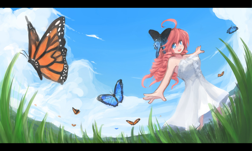 ahoge arceonn bare_shoulders blue_eyes blue_sky borrowed_character breasts bug butterfly cloud cloudy_sky day dress drill_hair highres insect large_breasts letterboxed long_hair monarch_butterfly original outstretched_arms pink_hair sakuraba_himari sky smile solo strapless strapless_dress twin_drills twintails white_dress