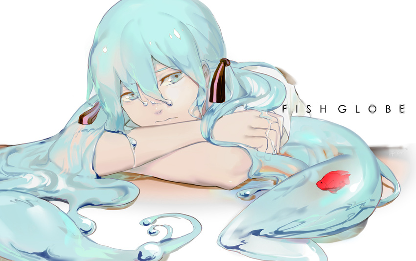 aqua_eyes aqua_hair bottle_miku bow crossed_arms fish goldfish hair_bow hatsune_miku head_rest highres liquid_hair long_hair par. solo twintails very_long_hair vocaloid