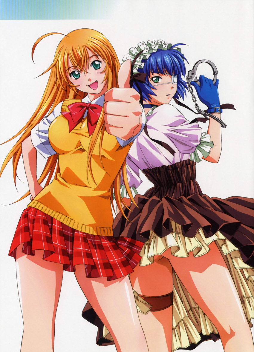 2girls absurdres blue_hair cuffs eyepatch green_eyes handcuffs highres ikkitousen ikkitousen_dragon_destiny multiple_girls rin-sin ryomou_shimei sonsaku_hakufu